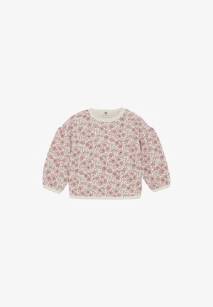 Bloemmotief pullover met lange mouwen, witte basis en roze bloemen. Zachte stof met geribde halslijn en manchetten. Boxy vorm.