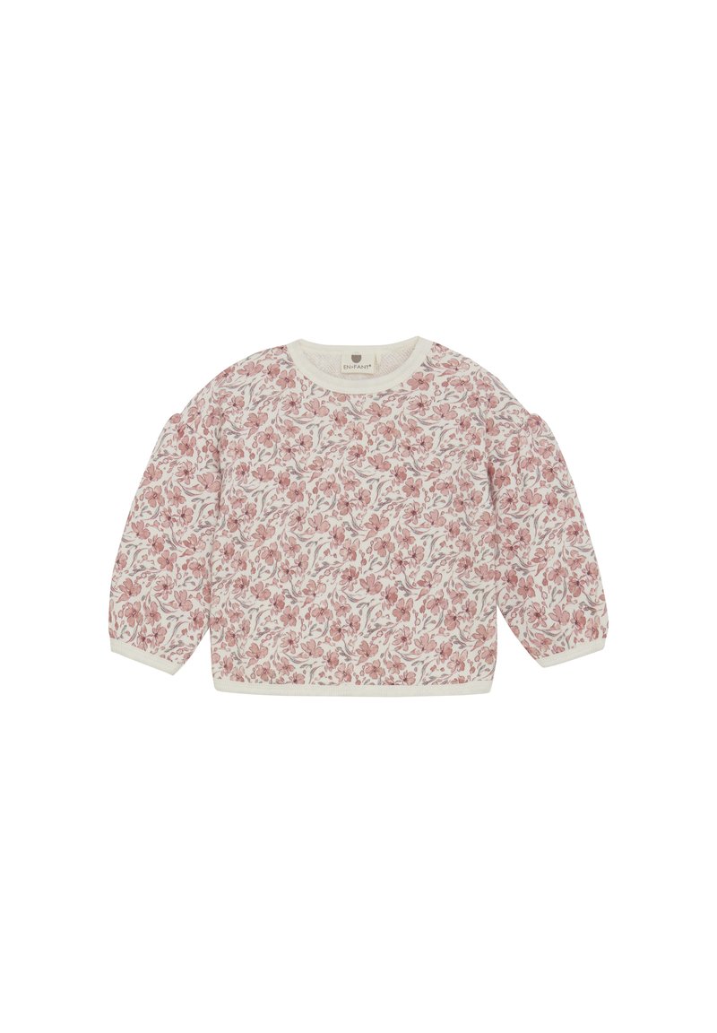 Bloemmotief pullover met lange mouwen, witte basis en roze bloemen. Zachte stof met geribde halslijn en manchetten. Boxy vorm.