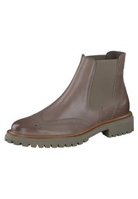Braune Leder Chelsea-Stiefel mit elastischen Seitenpaneelen, Brogue-Details und einer robusten grauen Gummisohle. Glatte Textur und runder Zehenform.