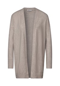 Long cardigan beige clair en maille douce, avec un devant ouvert, des poignets côtelés et un design minimaliste sans fermetures.