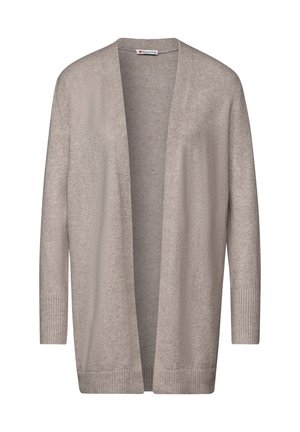 Long cardigan beige clair en maille douce, avec un devant ouvert, des poignets côtelés et un design minimaliste sans fermetures.