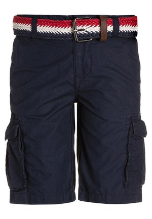 Navy cargoshorts i lättviktsmaterial, med sidofickor och ett flätat bälte i röd, vit och blå med en silverspänne.