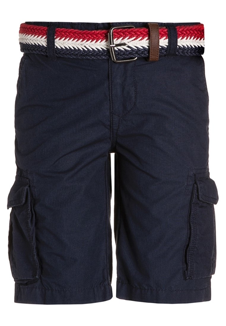 Námořnické cargo šortky vyrobené z lehké tkaniny, s bočními kapsami, splétaným červenobílomodrým páskem se stříbrnou sponou.