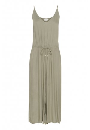 Salopetă verde măslinie cu bretele subțiri, de tip V, curea elastică la talie, șnur de ajustare și picioare largi, lejere.