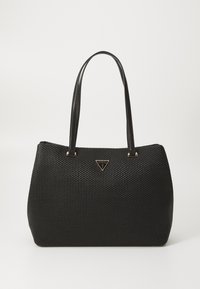 Geantă de umăr texturată neagră cu mânere din piele netedă, având accesorii aurii și o plăcuță cu logo pe față.