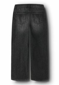 Vaqueros de mezclilla negros de corte ancho y recortados, con dos bolsillos traseros y trabillas para cinturón.