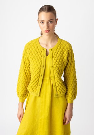 Kollane kootud kardigan tekstuursete pallikesedetailidega, ribakujulised varrukad ja viie nupuga. Kombineeritud sobiva kollase kleidiga.