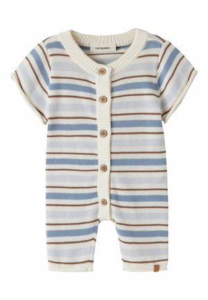 Rövid ujjú baba rugdalózó kék, barna és fehér vízszintes csíkokkal, elöl fából készült gombokkal és bordás gallérral.