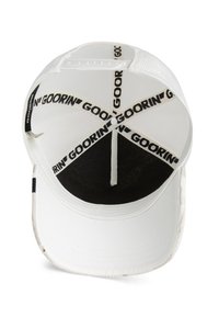 White baseball cap with mesh panels, featuring a black interior and black branding inside. Adjustable strap at the back for size.