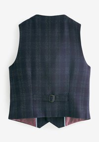 Marinblå rutig väst med spetsig krage, bakbälte och en rosa accentfoder. Materialet verkar texturerat med en strukturerad design.