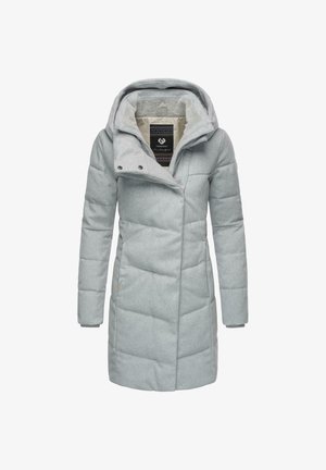 Light gray padded coat with a hood, featuring a zip closure, snap buttons, side pockets, and a patterned interior lining.