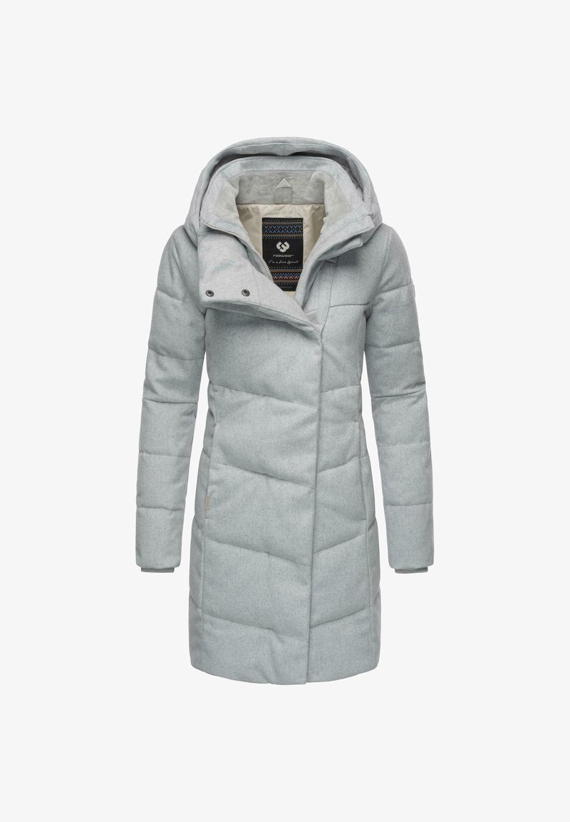 Light gray padded coat with a hood, featuring a zip closure, snap buttons, side pockets, and a patterned interior lining.
