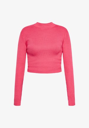 Top corto a maniche lunghe, rosa, a costine con collo alto. Realizzato in un materiale elastico con una silhouette aderente, che enfatizza texture e colore.