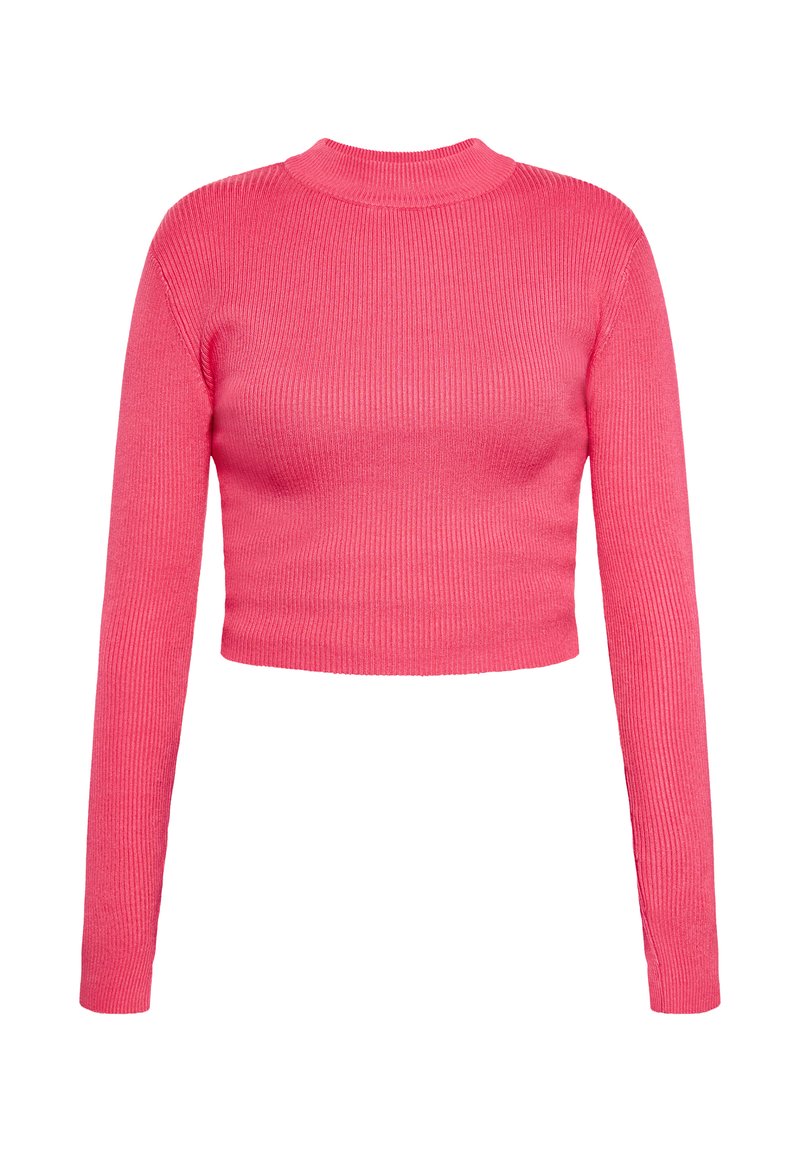 Rosa, langärmliges, geripptes Cropped-Top mit hohem Kragen. Hergestellt aus dehnbarem Material mit einer figurschmeichelnden Silhouette, die Textur und Farbe betont.