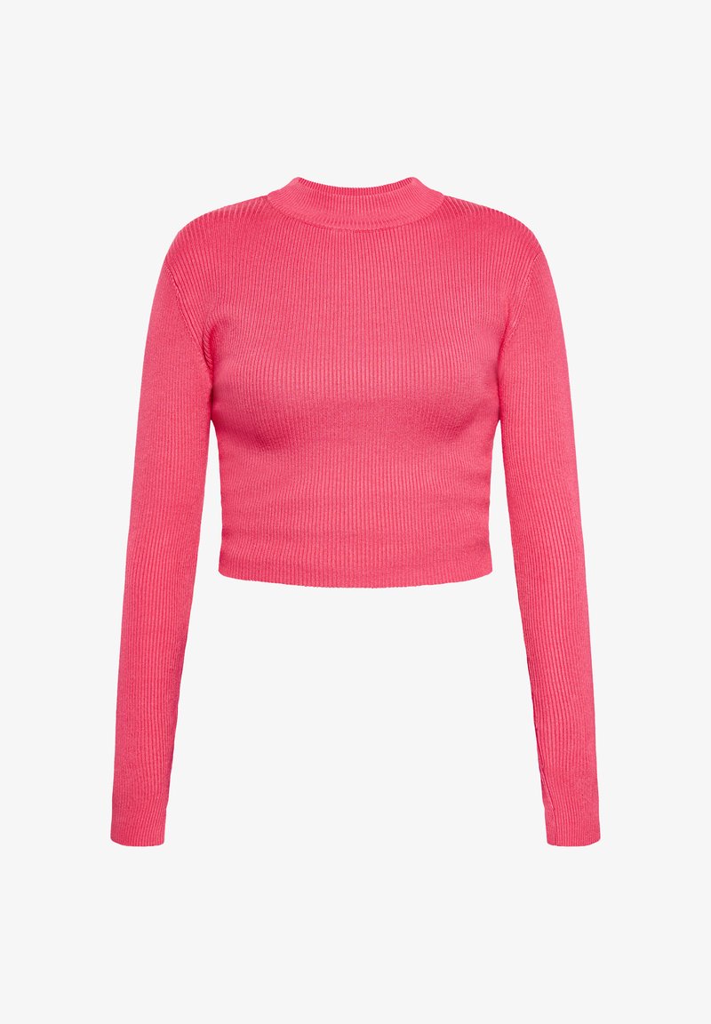 Rosa, langärmliges, geripptes Cropped-Top mit hohem Kragen. Hergestellt aus dehnbarem Material mit einer figurschmeichelnden Silhouette, die Textur und Farbe betont.