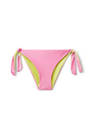 Bikini spodek s růžovým exteriérem, limetkově zeleným interiérem a bočními vázáními se uzly. Hladká tkanina. Klasický střih.