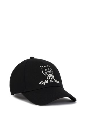 Black baseball cap with embroidered white cat graphic and "Café de Flore" text on the front. Made of fabric with a curved brim.
