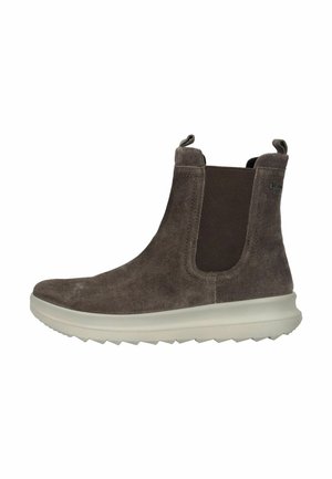 Stivaletti in suede marrone con pannelli laterali elastici e linguette di sospensione, con punta arrotondata e suola in gomma bianca con un motivo testurizzato.