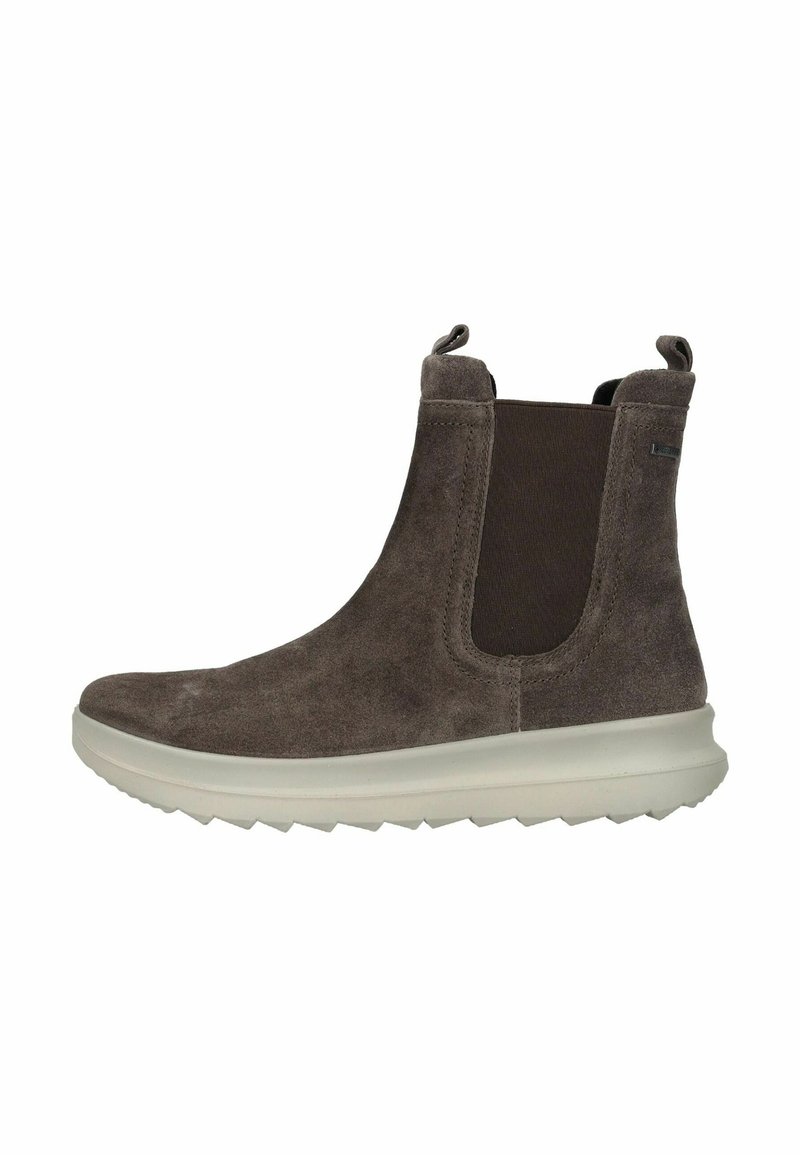 Botas de ante marrón hasta el tobillo con paneles laterales elásticos y lengüetas de tirón, con una punta redondeada y una suela de goma blanca con un patrón texturizado.