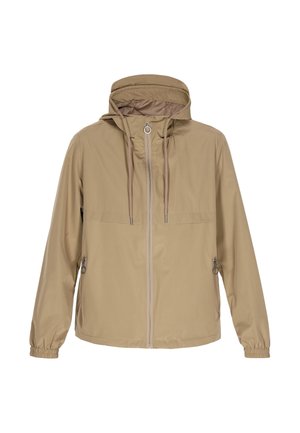 Lightweight beige rain jacket with a hood, front zipper, and two side pockets. Features elastic cuffs and adjustable drawstrings at the neck.