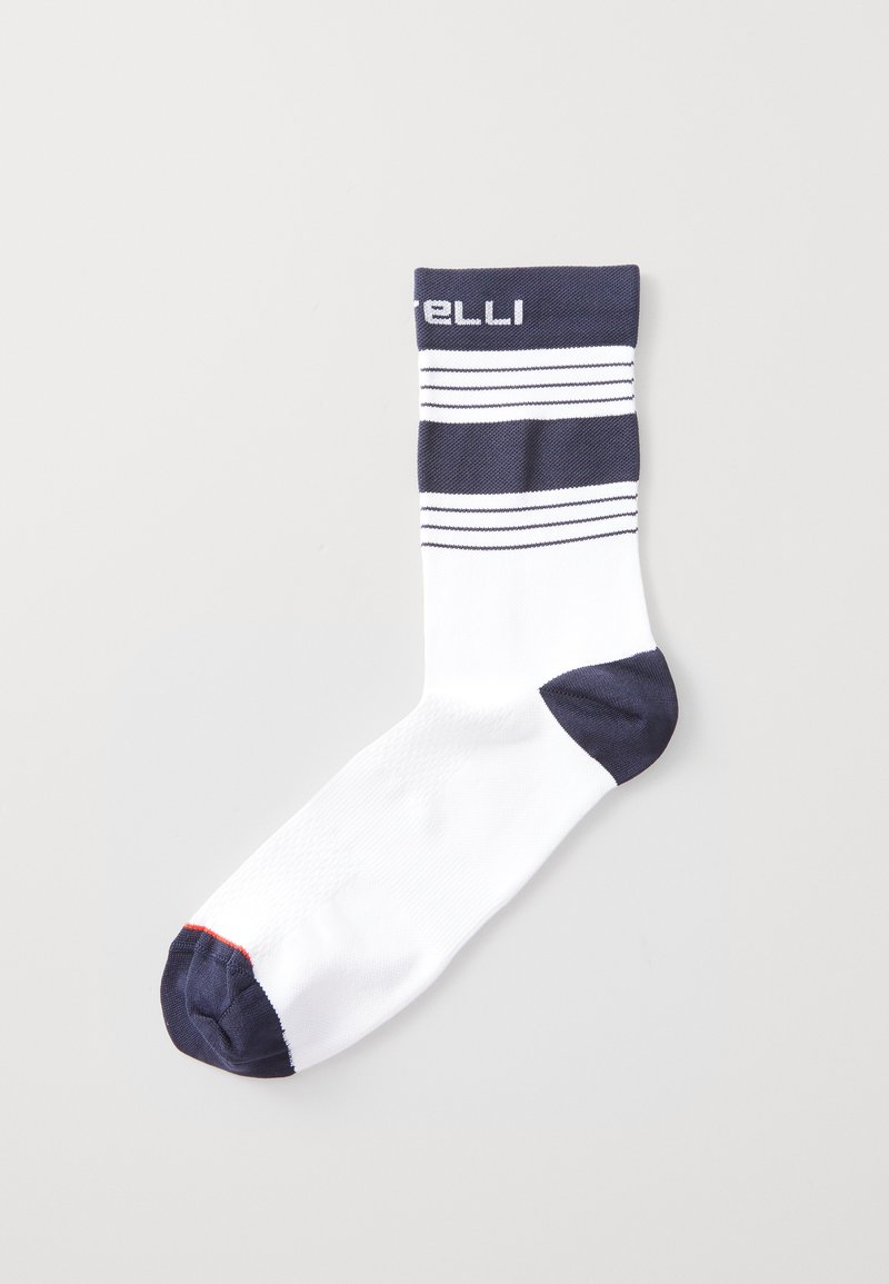 Calzini sportivi navy e bianchi con righe orizzontali, polsino a coste e tessuto testurizzato; accentuazione rossa nella punta.