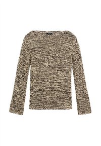 Maglione a maniche lunghe in lana mista marrone e beige con motivo orizzontale a rilievo, ampia scollatura rotonda e forma leggermente aderente.