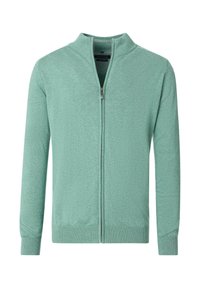 Jasnozielony sweter z zamkiem błyskawicznym, z stójką, długim rękawem, ściągaczami przy mankietach i u dołu oraz miękkim teksturowanym splotem.
