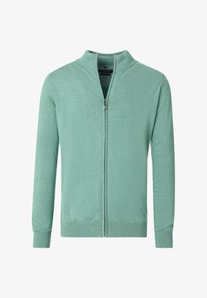 Hellgrüner Zip-Pullover mit Stehkragen, langen Ärmeln, gerippten Bündchen und Saum sowie einem weichen, strukturierten Strickmaterial.