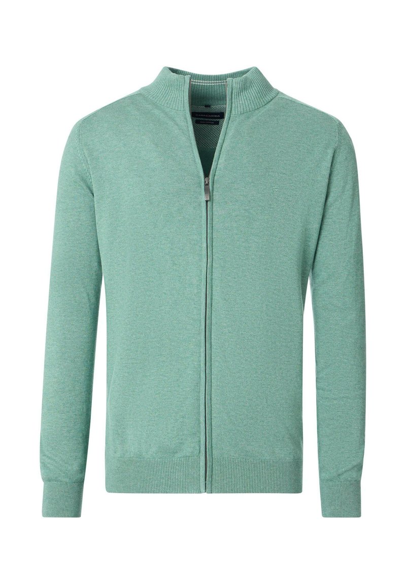 Jasnozielony sweter z zamkiem błyskawicznym, z stójką, długim rękawem, ściągaczami przy mankietach i u dołu oraz miękkim teksturowanym splotem.