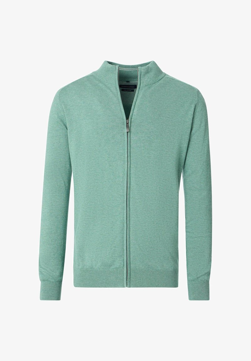 Jasnozielony sweter z zamkiem błyskawicznym, z stójką, długim rękawem, ściągaczami przy mankietach i u dołu oraz miękkim teksturowanym splotem.