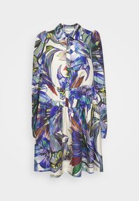 Robe à manches longues jusqu'aux genoux avec un col, un devant boutonné et un imprimé floral abstrait vibrant dans des tons de bleu, violet, vert et blanc.