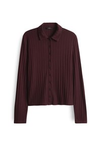 Maglietta a maniche lunghe bordeaux a coste con chiusura a bottoni, caratterizzata da un colletto classico e un taglio corto. Tessuto morbido con una texture liscia.