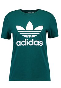 Teal bawełniany t-shirt z białym logo Adidasa z motywem trzech liści oraz trzema poziomymi paskami poniżej logo. Krótkie rękawy.