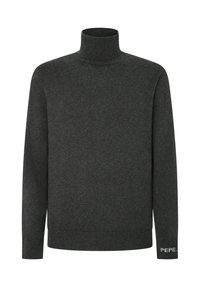 Maglione a collo alto grigio scuro realizzato in tessuto morbido, caratterizzato da maniche lunghe, collo e polsini a costine, con un piccolo logo sulla manica.