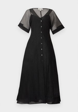 Black midi dress with sheer short sleeves, button-down front, V-neckline, and fitted bodice, labeled STAUND brand.