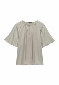 Ljus beige blus med rund halsringning, korta vågiga ärmar och mjukt, flödande tyg. Har samlad detaljering fram.
