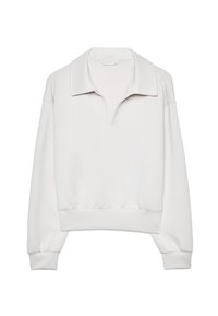 Weißer Pullover mit strukturiertem Kragen, langen Ärmeln und elastischen Bündchen. Aus weichem Stoff gefertigt, mit einem lässigen Schnitt und minimalistischem Design.