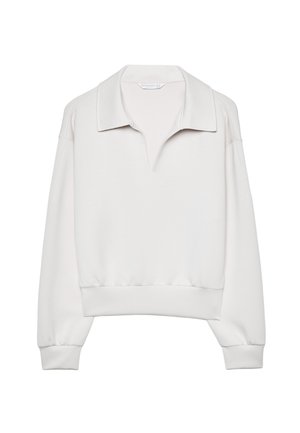 Biely pulóver so štruktúrovaným golierom, dlhými rukávmi a elastickými manžetami. Vyrobený z mäkkej látky, s voľným strihom a minimalistickým dizajnom.