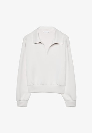 Biely pulóver so štruktúrovaným golierom, dlhými rukávmi a elastickými manžetami. Vyrobený z mäkkej látky, s voľným strihom a minimalistickým dizajnom.