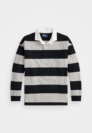 Zwart en grijs gestreepte lange mouwen polo shirt met een witte kraag en een klein logo accent op de onderste zoom. Zacht katoenmateriaal.