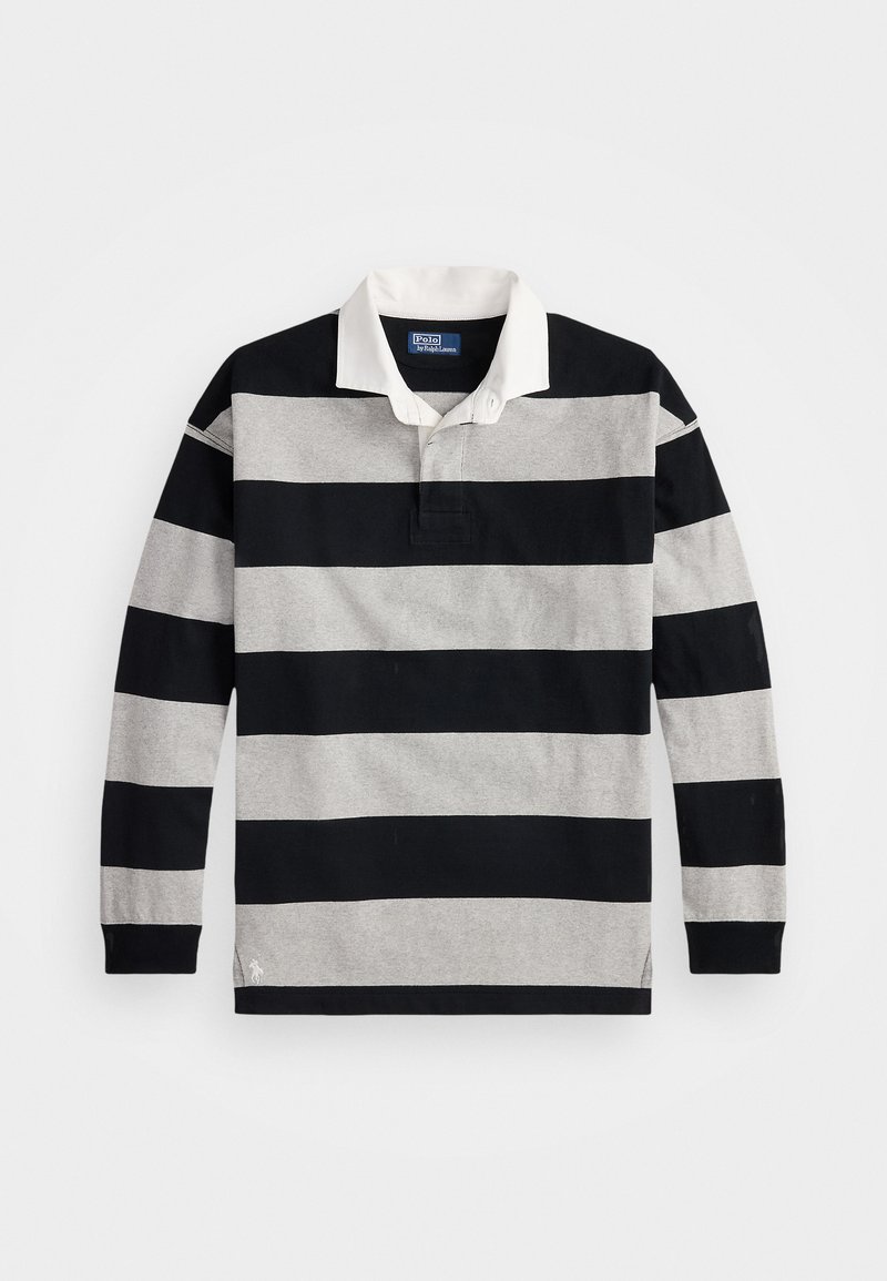 Polo à manches longues noir et gris à rayures avec un col blanc et un petit logo en accent sur l'ourlet inférieur. Matériau en coton doux.