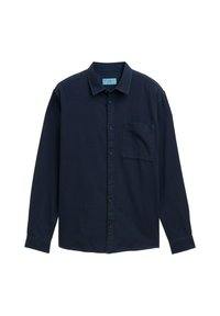 Marineblauw overhemd met lange mouwen, een button-down kraag, een voorzak en een gladde textuur. Bevat een enkele borstzak en knoopsluitingen.