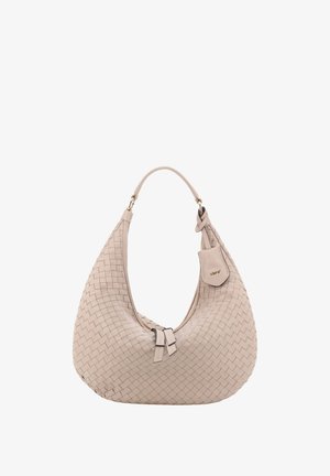 Woven leather handbag in light beige, hobo shape with a curved handle, featuring a small tag with logo and subtle metal accents.
