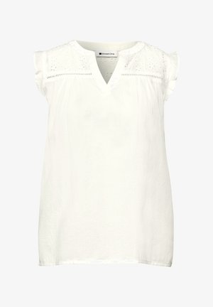 Biała bluzka bez rękawów z dekoltem w serek, koronkowy karczek z kwiatowymi wycięciami oraz subtelnymi falbankami na krawędziach ramion.