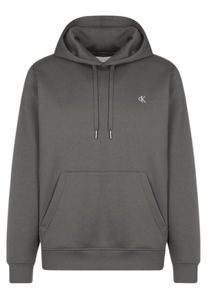 Haut à capuche gris foncé avec poche kangourou avant, cordons de serrage ajustables, poignets à côtes et petit logo "cK" blanc sur la poitrine gauche.