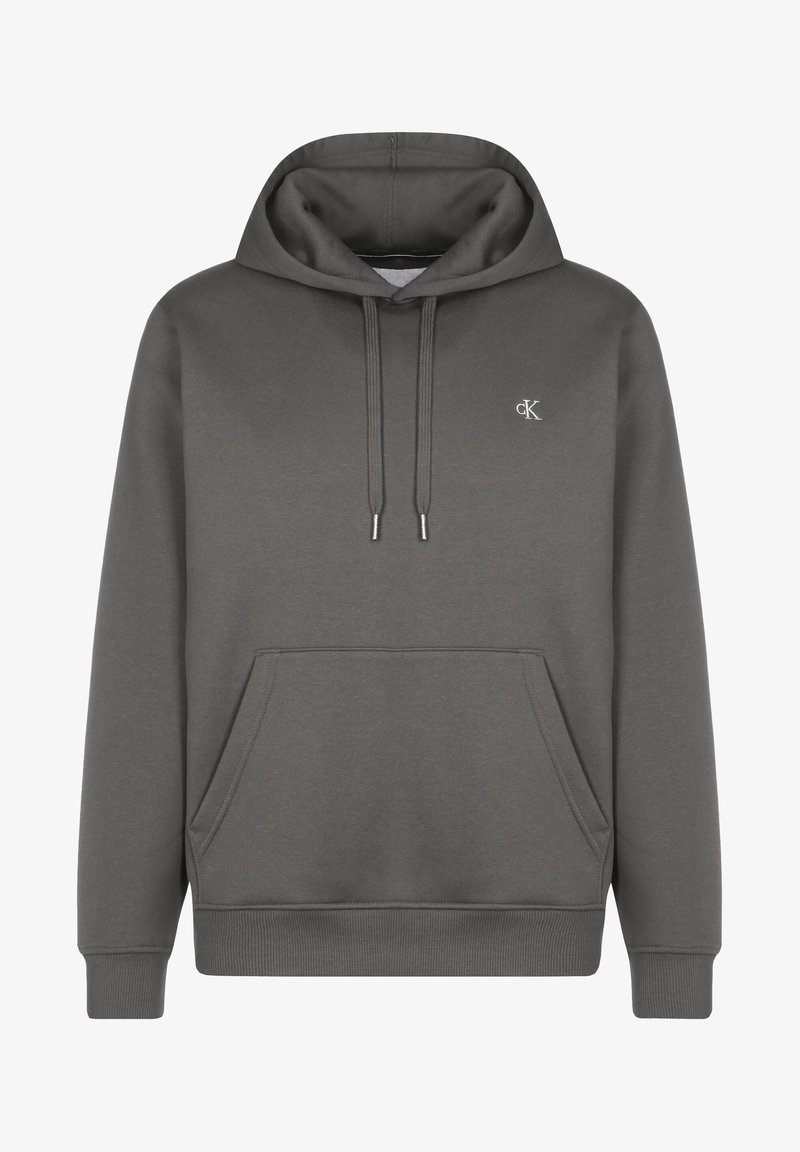 Haut à capuche gris foncé avec poche kangourou avant, cordons de serrage ajustables, poignets à côtes et petit logo "cK" blanc sur la poitrine gauche.