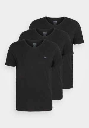 Black v-neck t-shirts in a pack of three, made from cotton, featuring short sleeves and a subtle logo on the chest. Smooth texture.