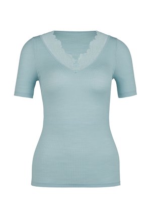 Lichtblauw T-shirt met korte mouwen, van ribbelstof met een V-hals versierd met delicate kantafwerking. Getailleerd ontwerp met een soepele afwerking.