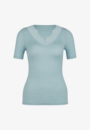 Lichtblauw T-shirt met korte mouwen, van ribbelstof met een V-hals versierd met delicate kantafwerking. Getailleerd ontwerp met een soepele afwerking.