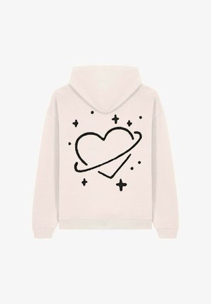 Felpa beige chiaro con tasca frontale, con un cuore ricamato nero con un anello e stelle sul retro. Tessuto morbido e cappuccio con cordino.
